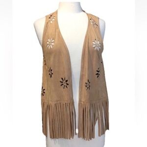 Fringe Western Cowgirl faux suede Vest with Floral Cutouts Sz M/L